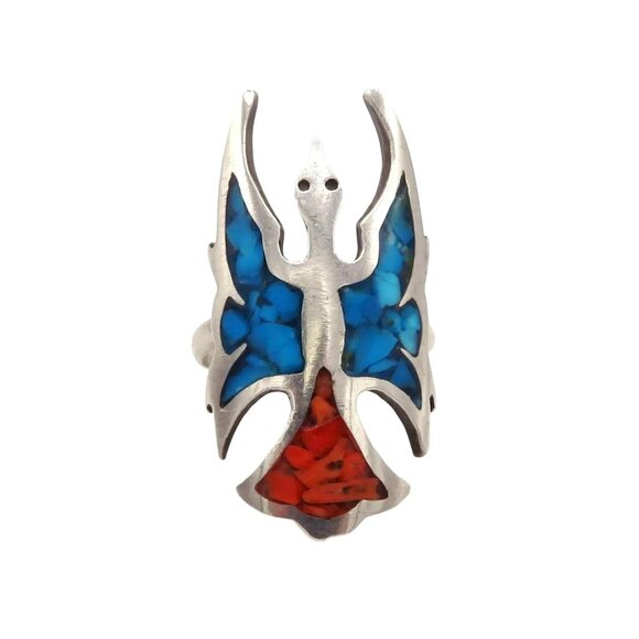 Vintage Navajo Sterling Silver Native American Peyote Bird Coral Turquoise Ring - Picture 11 of 11
